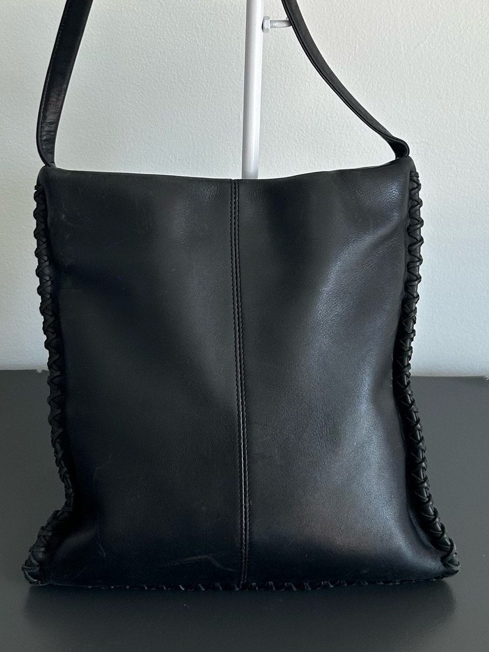 Kenneth Cole Black Leather Whipstitch Hobo Shoulder Bag Slouchy Y2K - Picture 4 of 13
